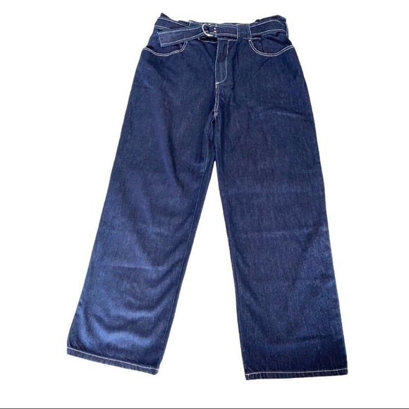 Current Air | NWT Y2K Paper Bag Waist Belt Wide Leg Ankle Blue Denim Jeans, Sz M - Picture 2 of 10